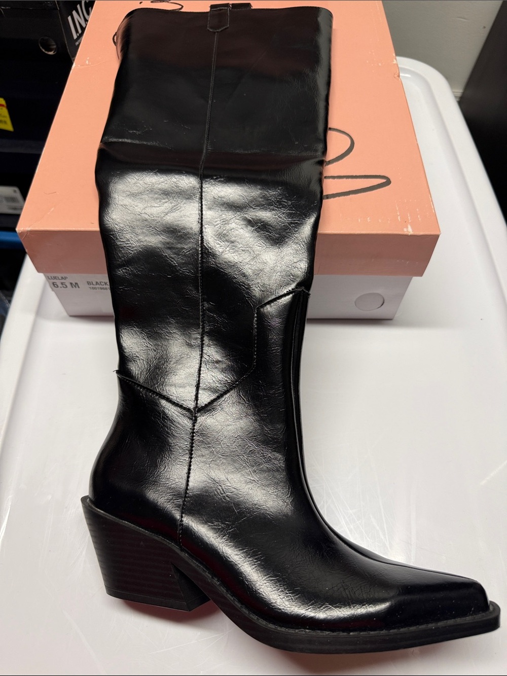 Wild Pair LUELAP Black Mid-Calf Block Heel Western Boots